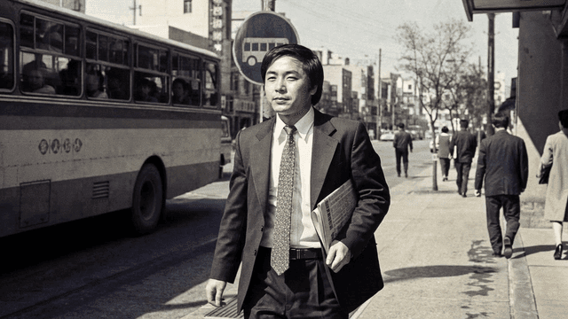 Office worker walking on busy city street in 70s