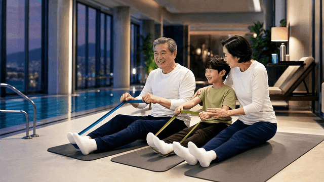Elderly couple and their grandson doing resistance banding exercises together by swimming pool