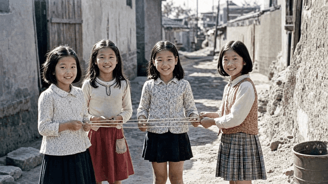 Girls playing jump rope in village alley in 70s