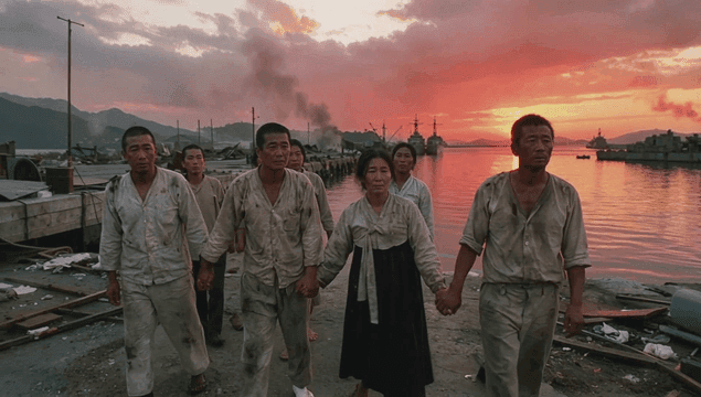 Refugees in Hanbok walking through harbor at sunset