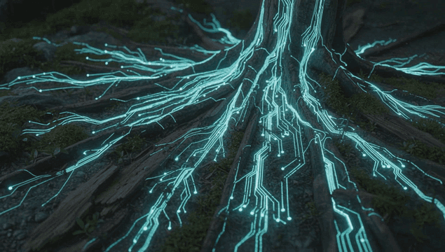 Glowing circuits on tree roots