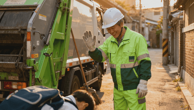 서로 인사하는 환경미화원과 초등학생