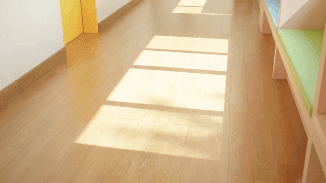 Sunlit hallway with colorful doors