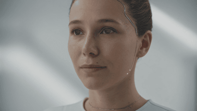Female humanoid with future machine circuits