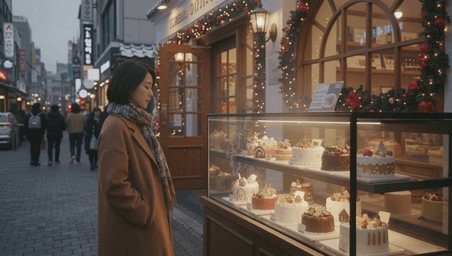 크리스마스 거리에서 케이크를 감상하는 여성