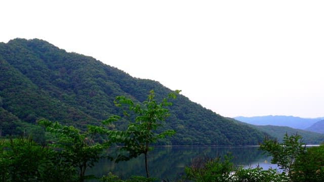 Green mountains with lush forests surrounding a tranquil lake