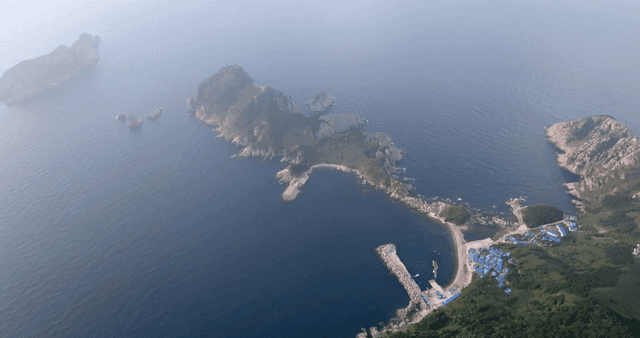 안개 낀 섬과 해안선의 항공 뷰