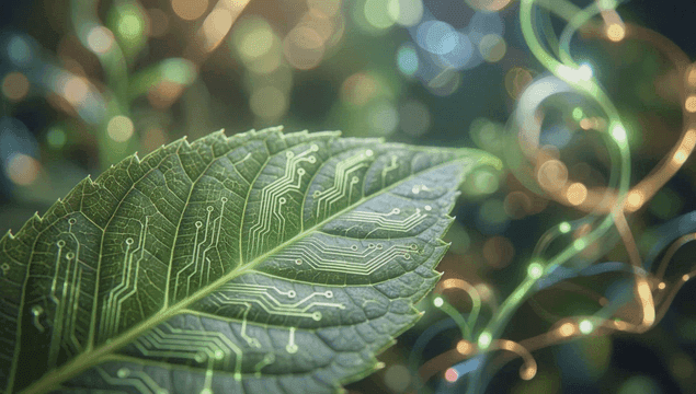 Leaf with digital circuit patterns