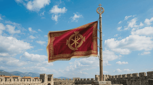 Historic Labarum flag fluttering atop city walls
