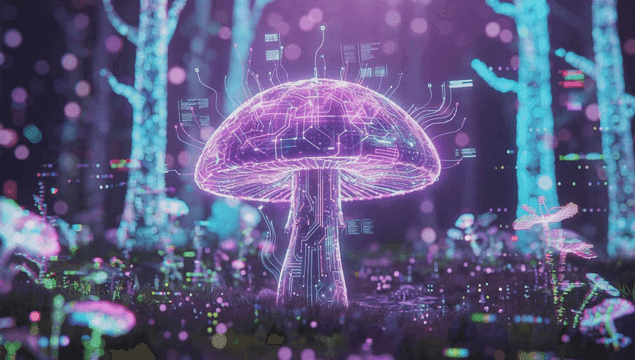 Digital mushroom in a neon forest