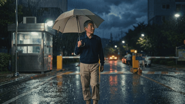 Security guard walking with umbrella on rainy night