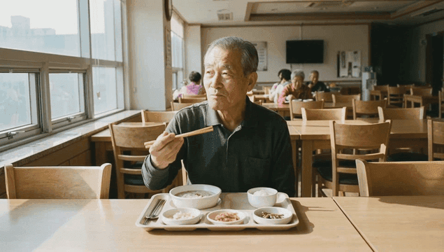 Elderly person picking up vegetables from nursing home tray with chopsticks and eating