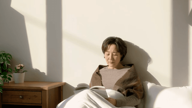 침대에서 책을 읽는 노인