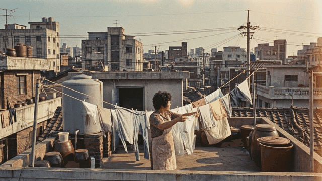 Woman hanging laundry on rooftop in 70s