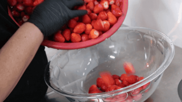 투명한 그릇에 옮겨 담는 딸기