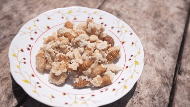 나무 테이블 위에 놓인 애벌레 탕수육