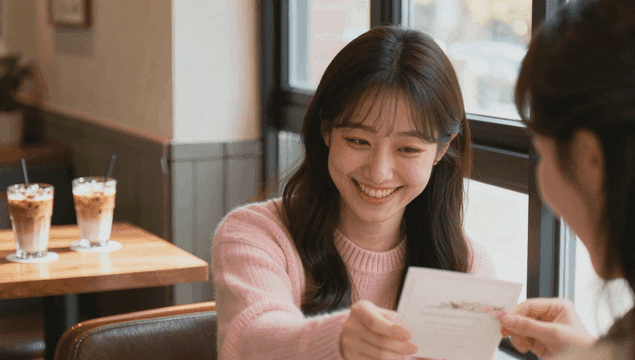 카페에서 친구에게 청첩장을 건네는 여성