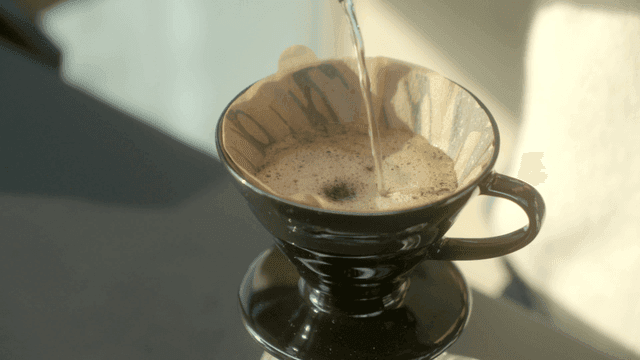 뜨거운 물이 부어지는 커피 드리퍼