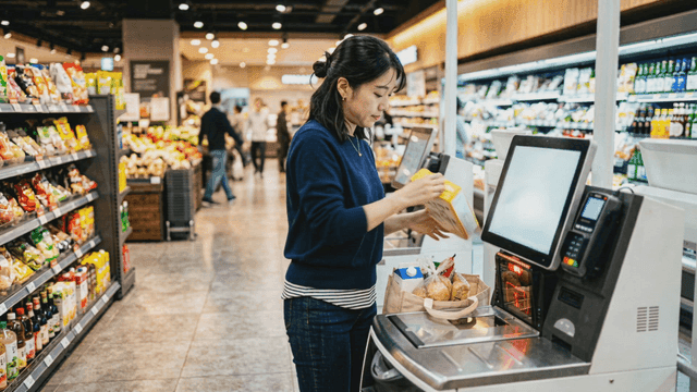 Woman scanning groceries at self-checkout counter