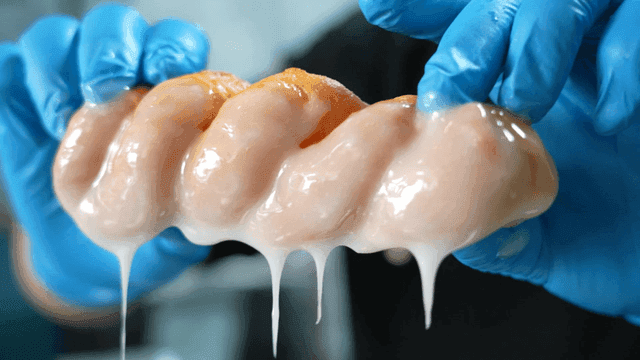 Gloved hand holding twisted breadstick coated in sticky glaze