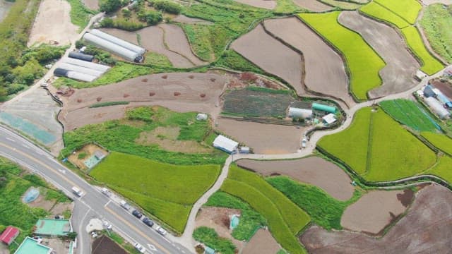 View of rural farmland and greenhouses