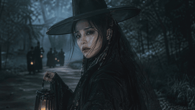 Female Grim Reaper in traditional black Hanbok holding lantern in foggy forest