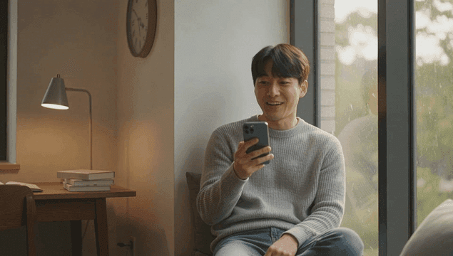 방 창가에 앉아 스마트폰으로 영상통화하며 웃고 있는 남자