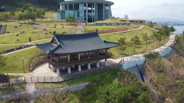 Aerial View of Traditional Korean Pavilion in Sunny Day