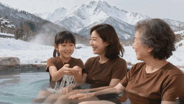 겨울 온천을 즐기는 가족