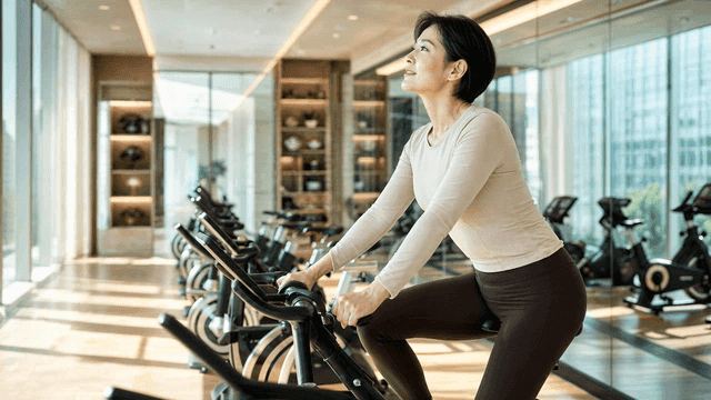 Woman exercising on a stationary bike in a gym