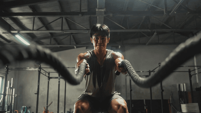 체육관에서 배틀 로프로 운동하는 남성