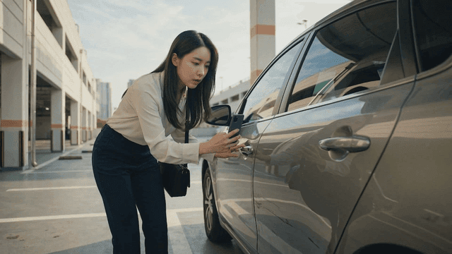 Woman taking picture of scratched car in parking lot with her cell phone