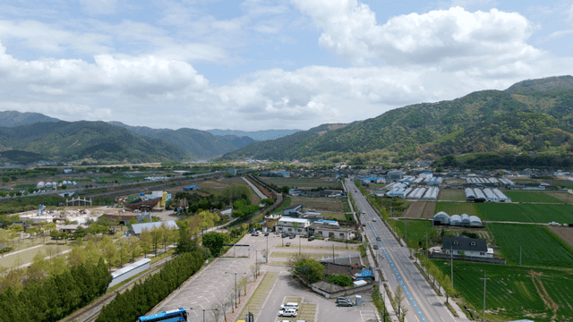Rural landscape with fields and mountains