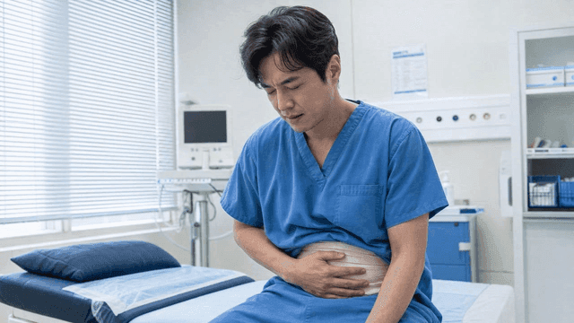 Man holding his stomach in hospital room