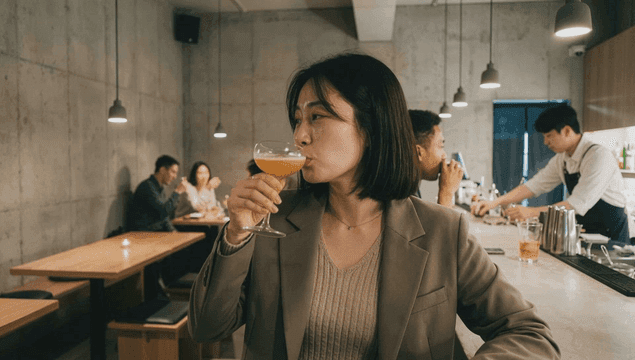 Woman drinking cocktail at bar