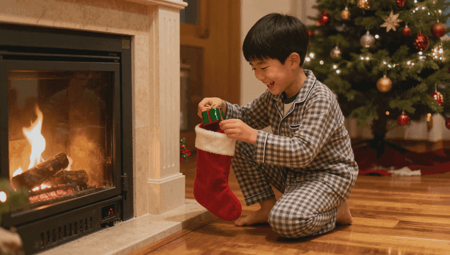 크리스마스 양말에서 선물을 찾는 아이