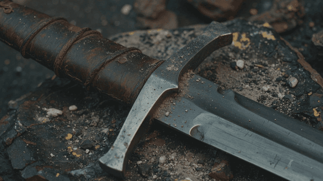Old medieval sword lying on rock