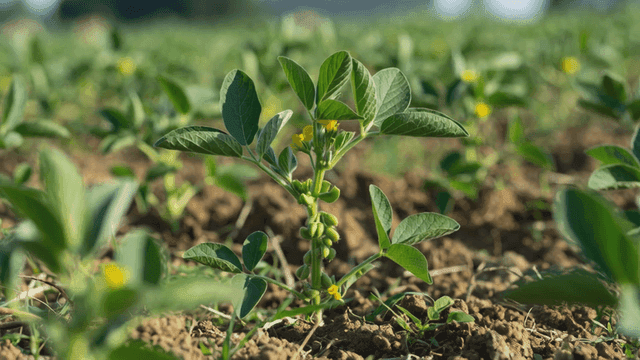 Young soybean plants growing in a field