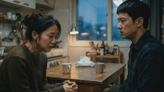 Woman crying at home and man watching her
