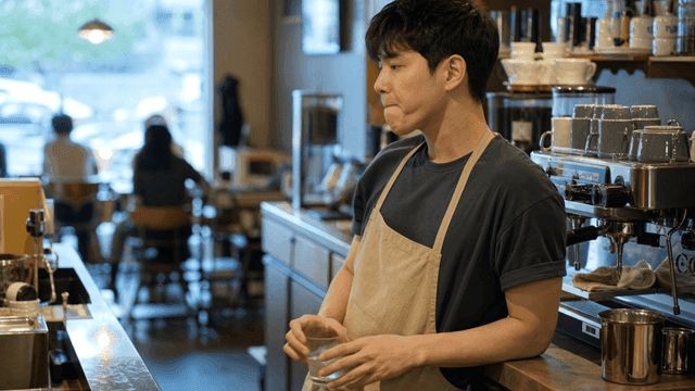카페에서 물을 마시며 한숨 쉬는 바리스타