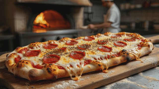 Freshly baked pepperoni pizza in a kitchen