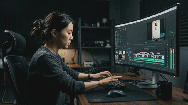 Focused woman editing video on computer