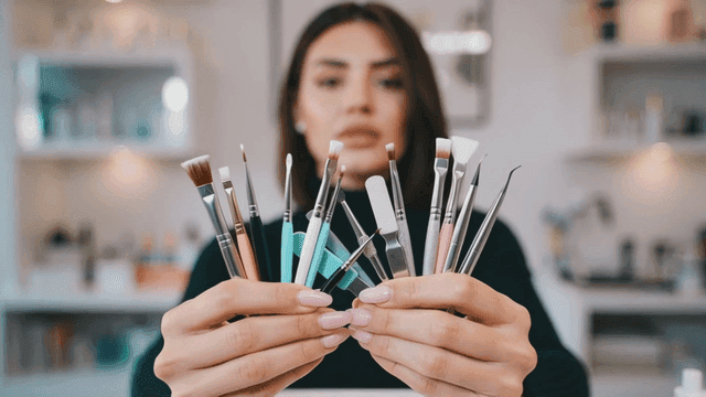 여러 메이크업 브러시를 들고 있는 여성