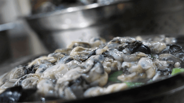 Steaming kalguksu topped with fresh oysters