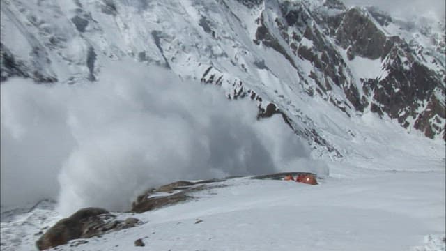 Tent in the snowy mountains during an avalanche