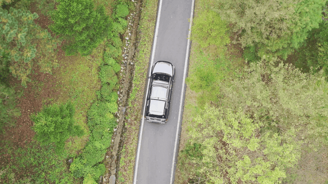 숲길을 따라 달리는 차량의 상공 풍경