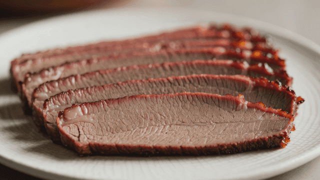 Sliced smoked meat on a white plate