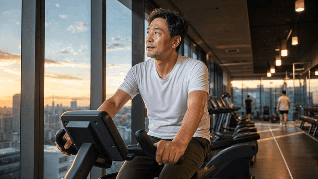 Middle-aged man riding stationary bike at gym