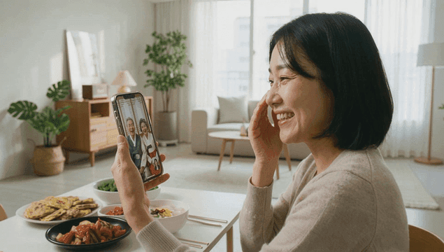 Woman video chatting with her family during meal.