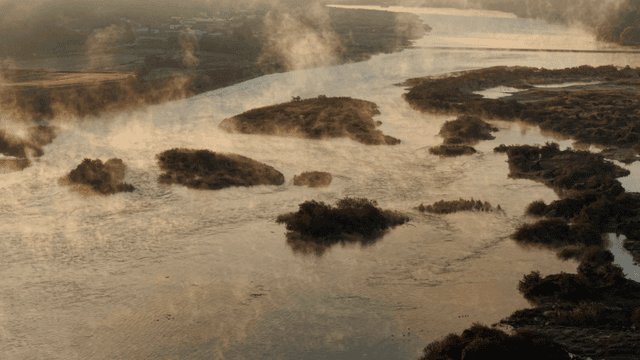 고요한 강 풍경 위의 아침 안개